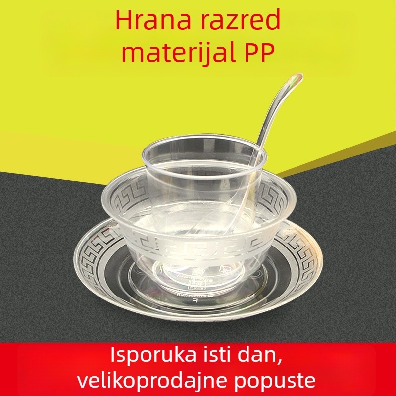 Jednokratno avionsko kristalno posuđe za stol, četvero-dijelni set, PS materijal, okrugli oblik, 2000 komada, biološki razgradivo, rok trajanja 2 godine