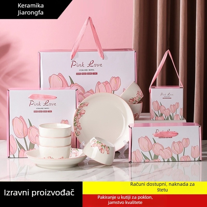 Porcelanski stolni set s tulipanom — okrugli oblik, cvjetni uzorak ispod glazure, mikrovalna sigurnost, mogućnost ispisa logotipa, prilagodba
