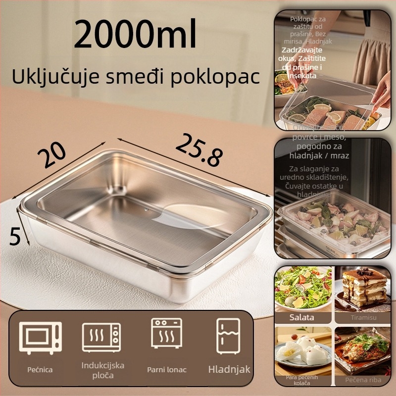 Pravokutna kutija za očuvanje svježine sa poklopcem, materijal 201 elektrolitski, kapacitet 1–2 L, zadržava toplinu
