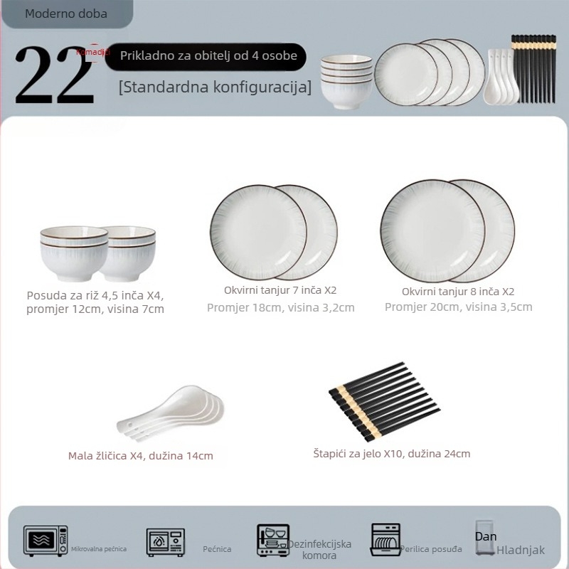 Porcelanski set zdjela i tanjura, moderni minimalistički stil s japanskim štihom, boja pod glazurom, ispis logotipa, mikrovalna sigurnost