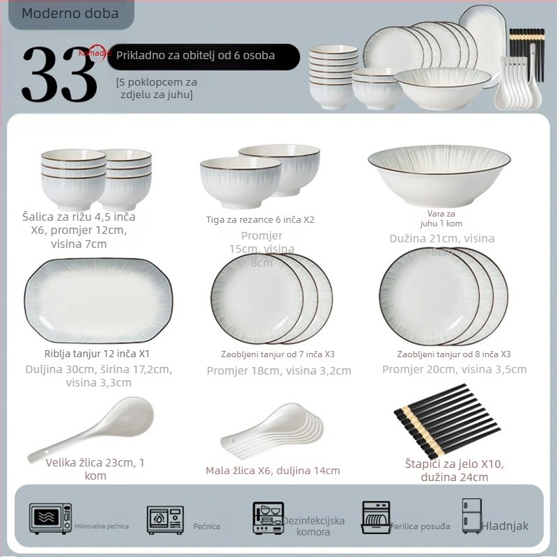 Porcelanski set zdjela i tanjura, moderni minimalistički stil s japanskim štihom, boja pod glazurom, ispis logotipa, mikrovalna sigurnost