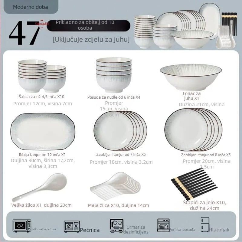 Porcelanski set zdjela i tanjura, moderni minimalistički stil s japanskim štihom, boja pod glazurom, ispis logotipa, mikrovalna sigurnost
