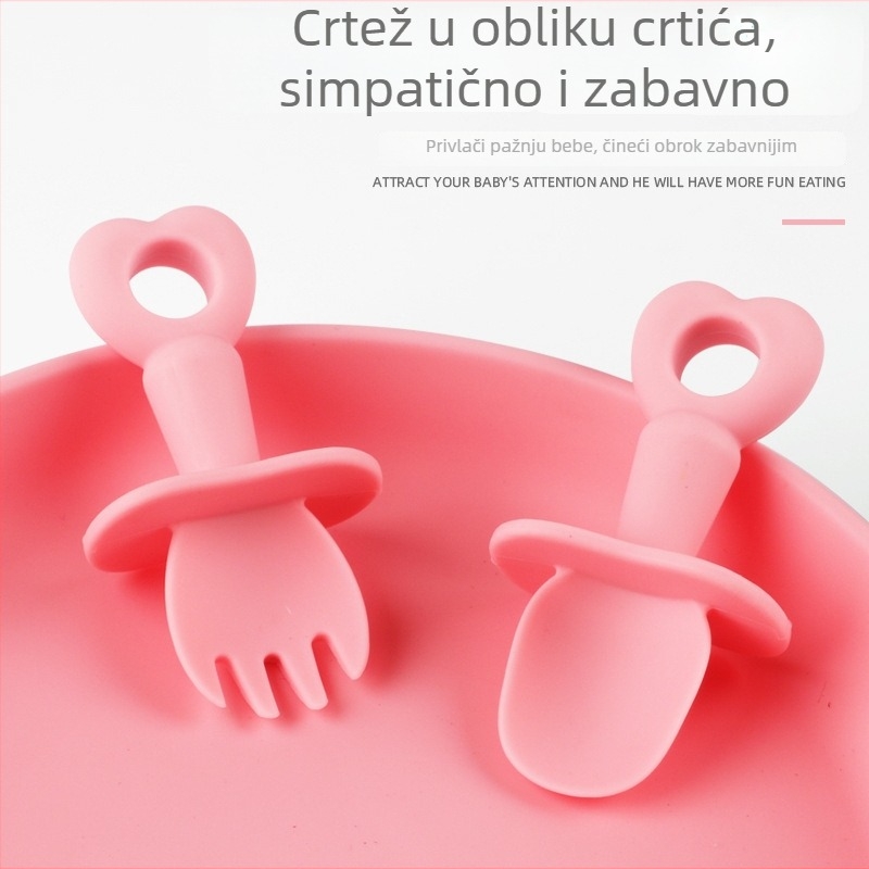 Set silikonskih pribora za hranjenje beba: vilica u obliku srca i mekana žlica, crtani dizajn, za djecu od 6 mjeseci