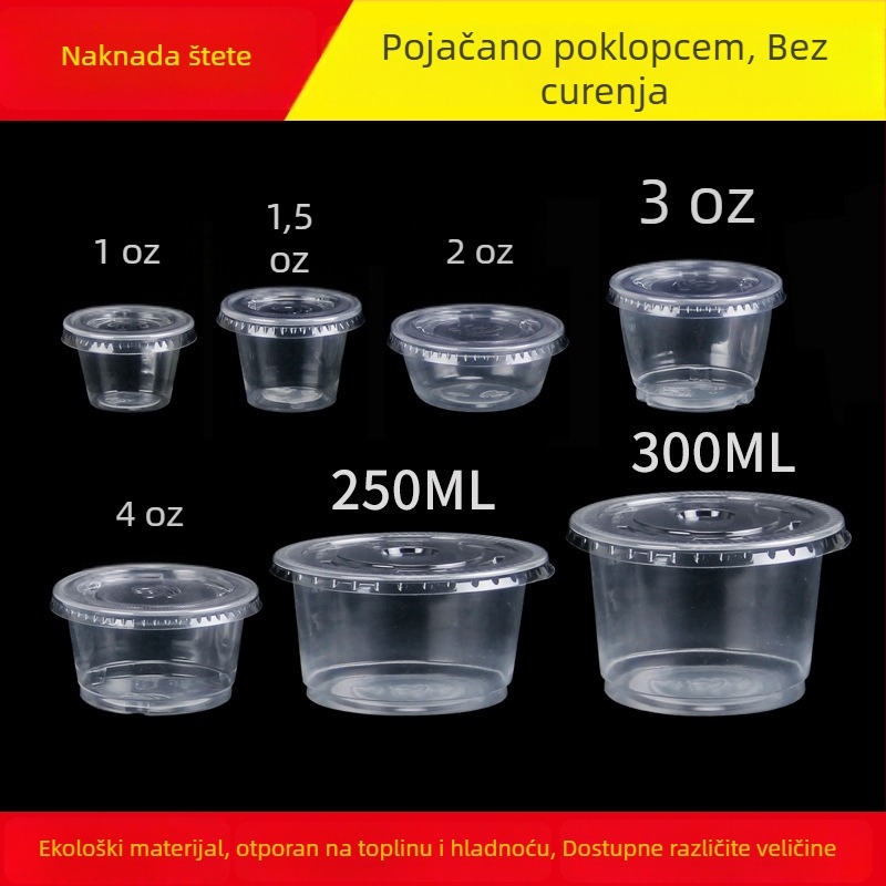 Jednokratna okrugla plastična posuda za umak s poklopcem, pogodna za mikrovalnu pećnicu, tiskanje logotipa