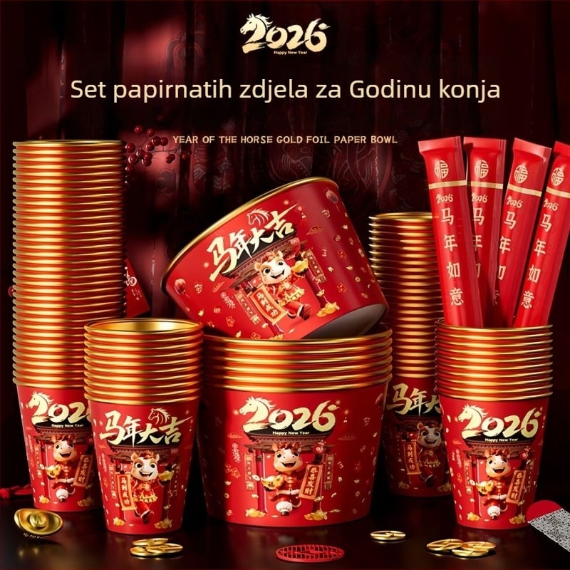Set jednokratnih zdjela i štapića s zlatom folijom, 2026. godina Konja, deblji i čvršći za kućnu upotrebu