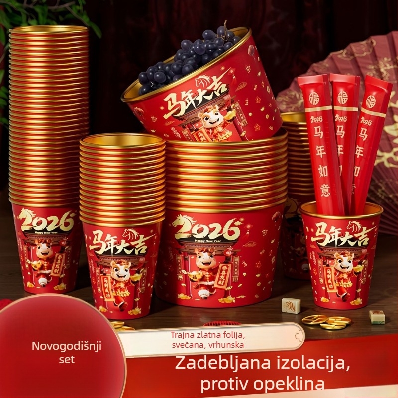 Set jednokratnih zdjela i štapića s zlatom folijom, 2026. godina Konja, deblji i čvršći za kućnu upotrebu