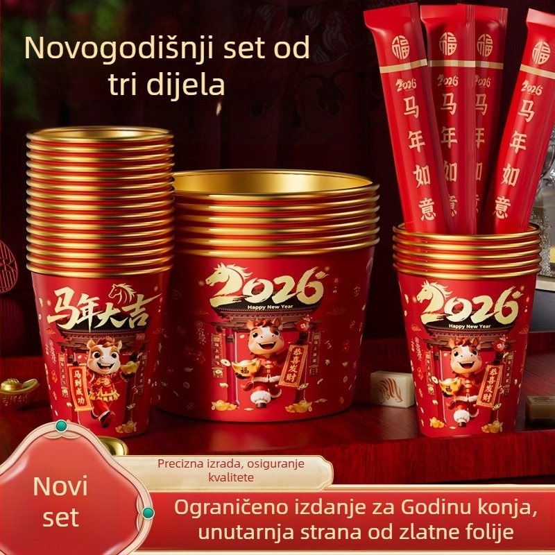 Set jednokratnih zdjela i štapića s zlatom folijom, 2026. godina Konja, deblji i čvršći za kućnu upotrebu