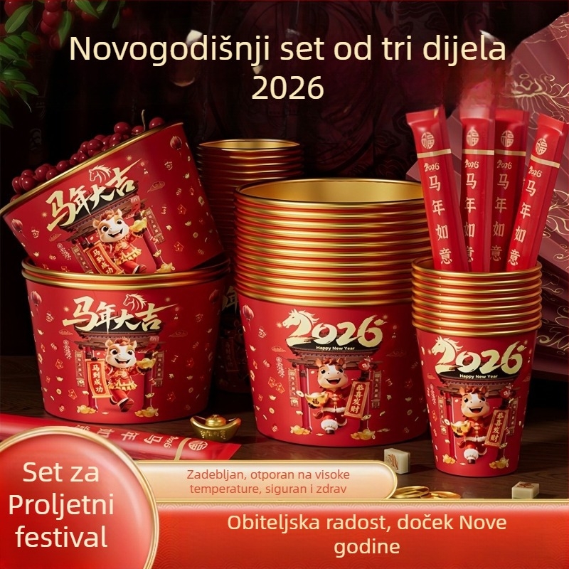 Set jednokratnih zdjela i štapića s zlatom folijom, 2026. godina Konja, deblji i čvršći za kućnu upotrebu