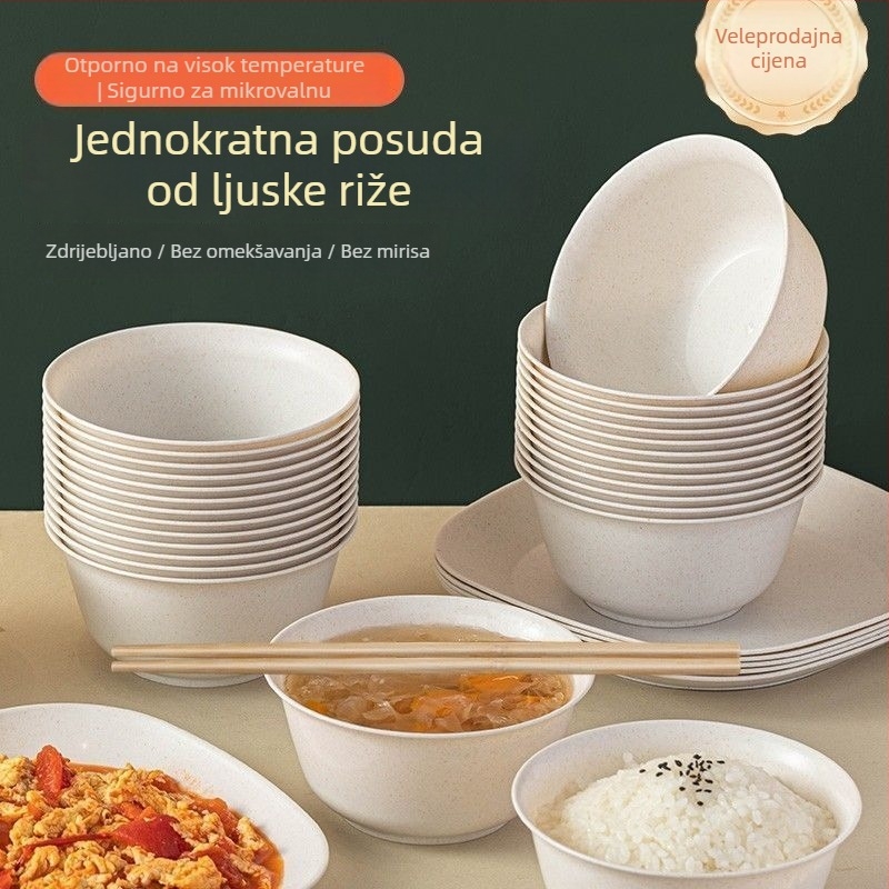 Set jednokratnog posuđa od rižine ljuske sa debelim zdjelicama i štapićima za jelo, biološki razgradivo, prehrambena kvaliteta, ekološki prihvatljivo, otporno na visoke temperature, za kućnu upotrebu i kampiranje.