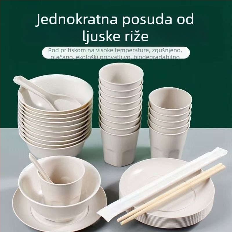 Set jednokratnog posuđa od rižine ljuske sa debelim zdjelicama i štapićima za jelo, biološki razgradivo, prehrambena kvaliteta, ekološki prihvatljivo, otporno na visoke temperature, za kućnu upotrebu i kampiranje.