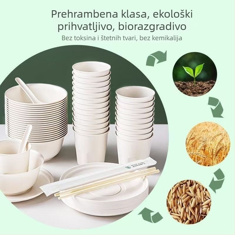 Set jednokratnog posuđa od rižine ljuske sa debelim zdjelicama i štapićima za jelo, biološki razgradivo, prehrambena kvaliteta, ekološki prihvatljivo, otporno na visoke temperature, za kućnu upotrebu i kampiranje.