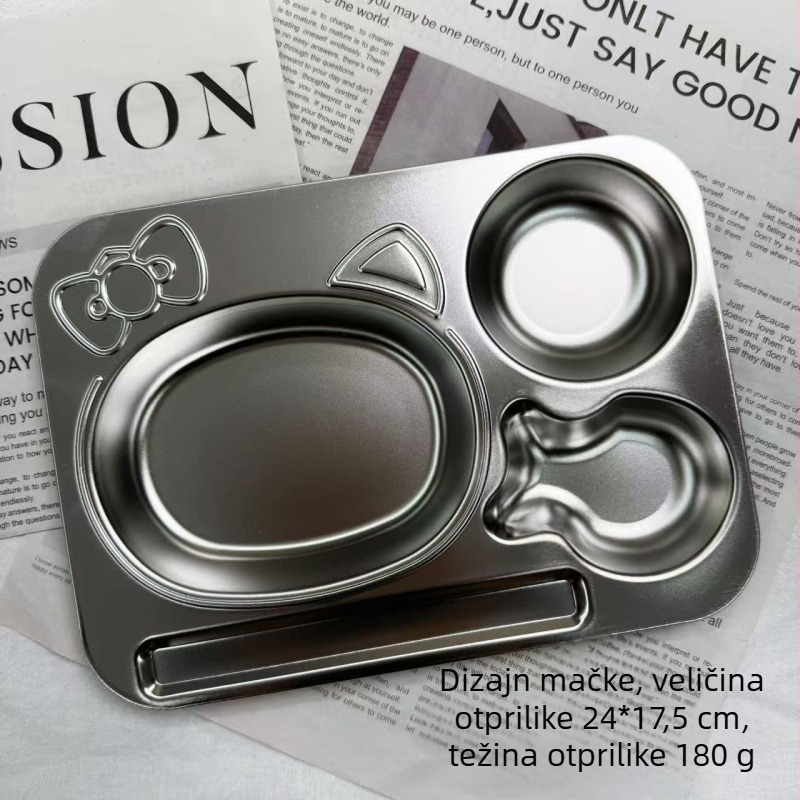 Dječji tanjur od nehrđajućeg čelika, crtani stil, jednostavan dizajn, za uzrast od 24 mjeseca i više.