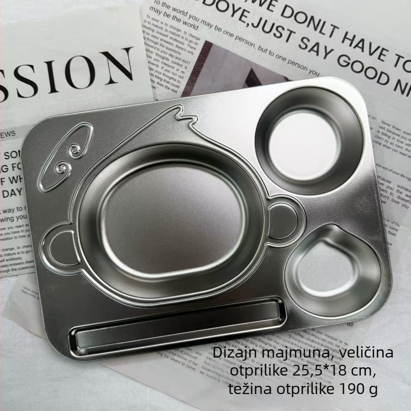 Dječji tanjur od nehrđajućeg čelika, crtani stil, jednostavan dizajn, za uzrast od 24 mjeseca i više.