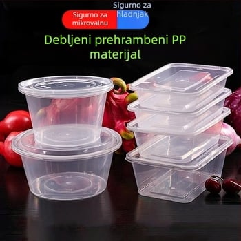 Jednokratna plastična kutija za obrok s poklopcem, pravokutna ili kružna, za dostavu, održava hranu svježom, debela konstrukcija.
