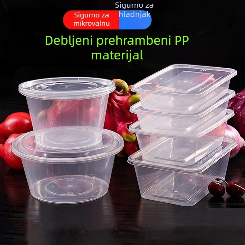 Jednokratna plastična kutija za obrok s poklopcem, pravokutna ili kružna, za dostavu, održava hranu svježom, debela konstrukcija.