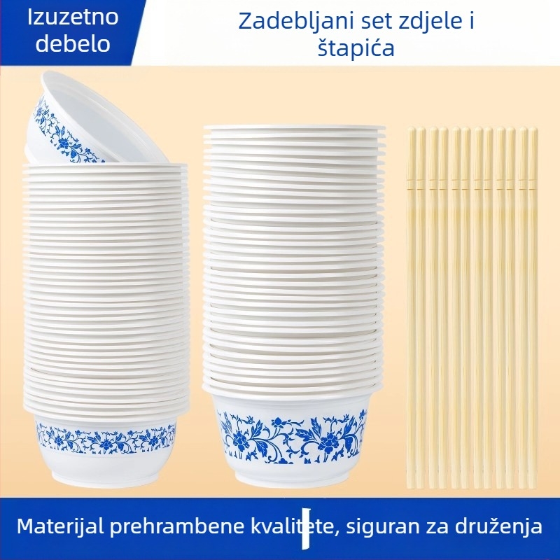 Set jednokratnih plastičnih zdjelica s plavim bijelim uzorkom porcelana, za kućni piknik, debeli plast, siguran za hranu, otporan na visoke temperature