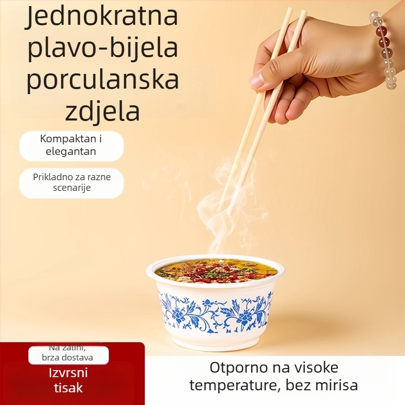 Set jednokratnih plastičnih zdjelica s plavim bijelim uzorkom porcelana, za kućni piknik, debeli plast, siguran za hranu, otporan na visoke temperature