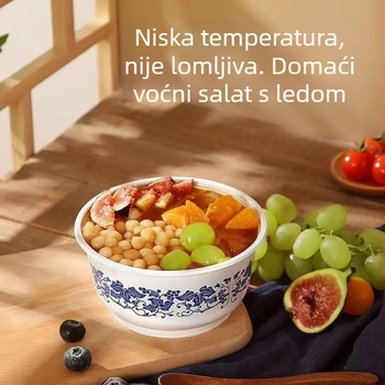 Jednokratne plavo-bijele porculanske zdjelice s priborom, debeli zdjelice za hranu za kućnu upotrebu; okrugle zdjele za juhu i rižu.