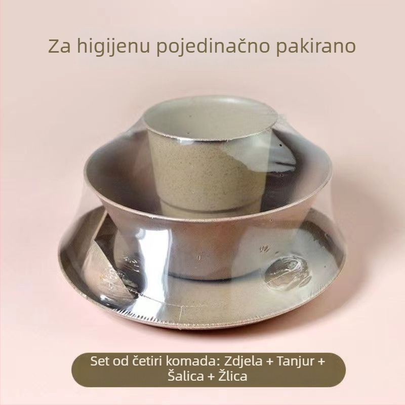 Jednokratni plastični set posuđa: zdjelice, tanjuri, čaše i žlice; debljina 1 mm; kapacitet 200–400 ml; biološki razgradivo; pakiranje 100 setova po kutiji