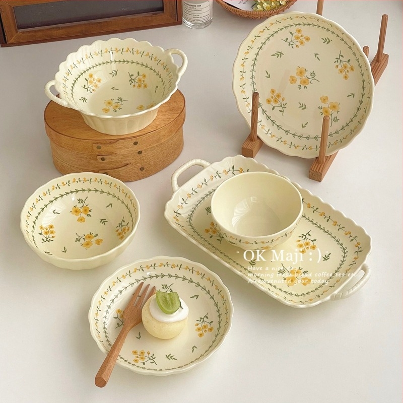 Porcelanski servis s dvostrukim zdjelama za juhu i pločicama, završetak ispod glazure, korejski stil, nepravilni oblik, pogodan za mikrovalnu pećnicu