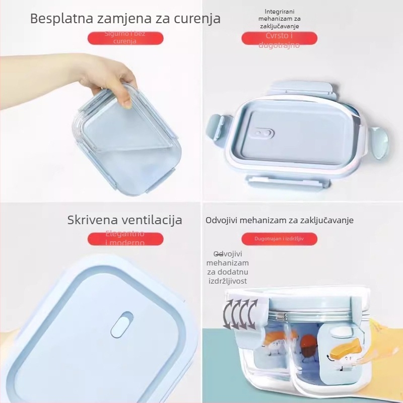 Staklena kutija za ručak s poklopcem, mikrovalno sigurna, Bento stil, s posudom za hranu