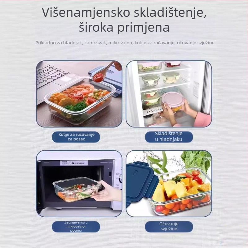 Staklena kutija za ručak s poklopcem, mikrovalno sigurna, Bento stil, s posudom za hranu