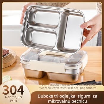 Kutija za hranu od nehrđajućeg čelika 304 sa ručkom i zatvorenim poklopcem, 1800 ml, s tri odjeljka