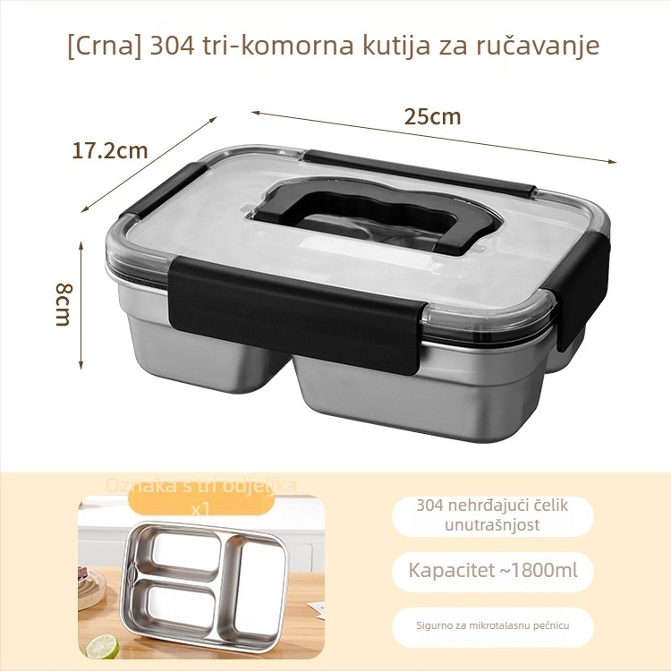 Kutija za hranu od nehrđajućeg čelika 304 sa ručkom i zatvorenim poklopcem, 1800 ml, s tri odjeljka