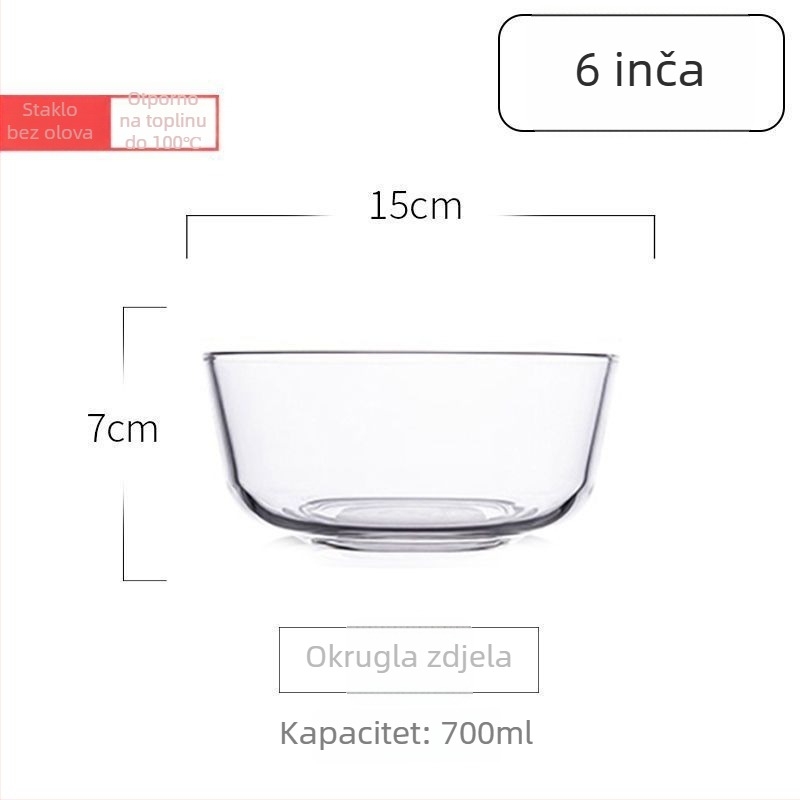 Mikrovalno sigurna staklena zdjela, prozirna, otporna na visoke temperature, promjera 20 cm, pogodna za voće salatu i instantne rezance