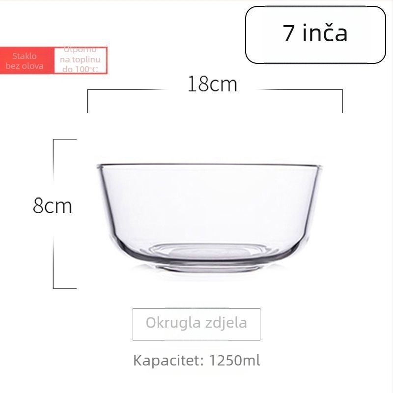 Mikrovalno sigurna staklena zdjela, prozirna, otporna na visoke temperature, promjera 20 cm, pogodna za voće salatu i instantne rezance