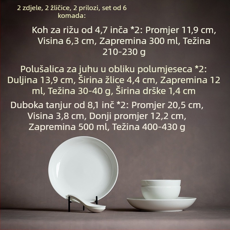 Dehua porculanski keramički servis za 2–6 osoba: zdjela za rižu, ploča za kuhanje, zdjela za rezance, jušna žlica i pločica za ribu; mikrovalna kompatibilno; mogućnost logotipa; moderan minimalistički kineski stil