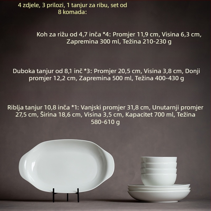 Dehua porculanski keramički servis za 2–6 osoba: zdjela za rižu, ploča za kuhanje, zdjela za rezance, jušna žlica i pločica za ribu; mikrovalna kompatibilno; mogućnost logotipa; moderan minimalistički kineski stil