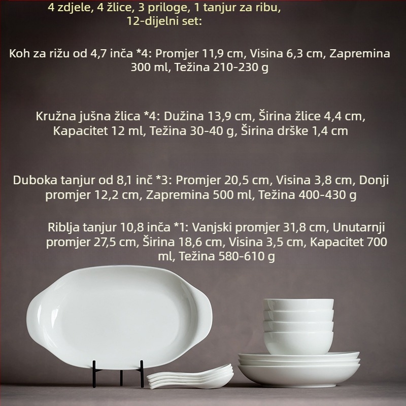 Dehua porculanski keramički servis za 2–6 osoba: zdjela za rižu, ploča za kuhanje, zdjela za rezance, jušna žlica i pločica za ribu; mikrovalna kompatibilno; mogućnost logotipa; moderan minimalistički kineski stil