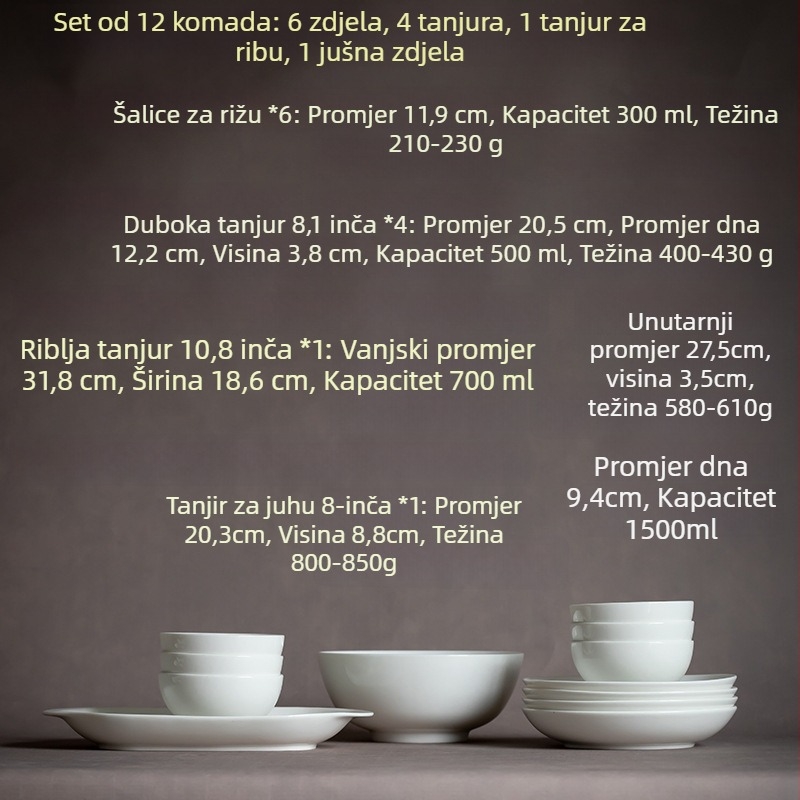 Dehua porculanski keramički servis za 2–6 osoba: zdjela za rižu, ploča za kuhanje, zdjela za rezance, jušna žlica i pločica za ribu; mikrovalna kompatibilno; mogućnost logotipa; moderan minimalistički kineski stil