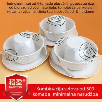Jednokratni set posuđa od rižine ljuske — zdjele, štapići za jelo i žlica (trodijelni set)