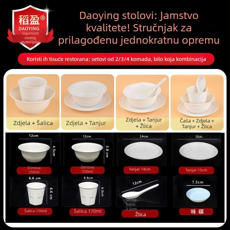 Jednokratni set posuđa od rižine ljuske — zdjele, štapići za jelo i žlica (trodijelni set)