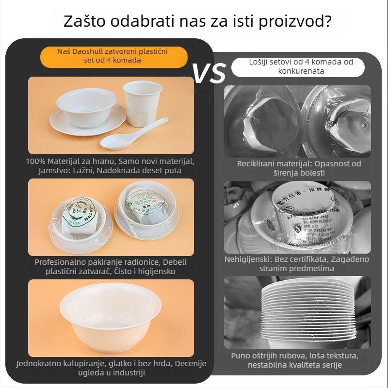 Jednokratni set posuđa od rižine ljuske — zdjele, štapići za jelo i žlica (trodijelni set)