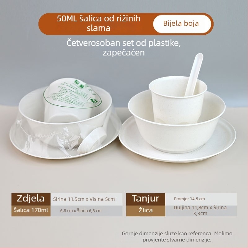 Jednokratni set posuđa od rižine ljuske — zdjele, štapići za jelo i žlica (trodijelni set)