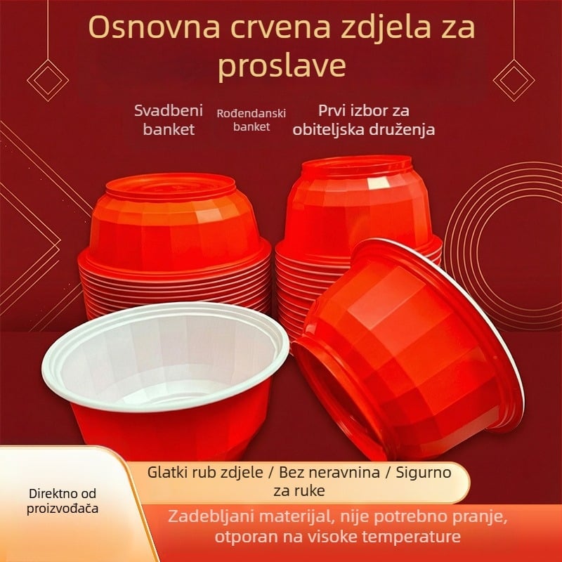 Jednokratna plastična zdjela za hranu, prehrambena kvaliteta, crvena, svečana svadbena zdjela za kućnu upotrebu