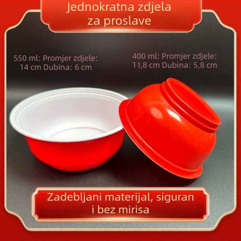 Jednokratna plastična zdjela za hranu, prehrambena kvaliteta, crvena, svečana svadbena zdjela za kućnu upotrebu