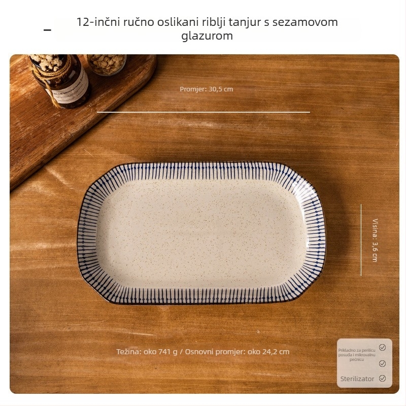Set keramičkih zdjela i tanjura – ručno crtani uzorak, japanski stil, lagani luksuzni retro, univerzalno