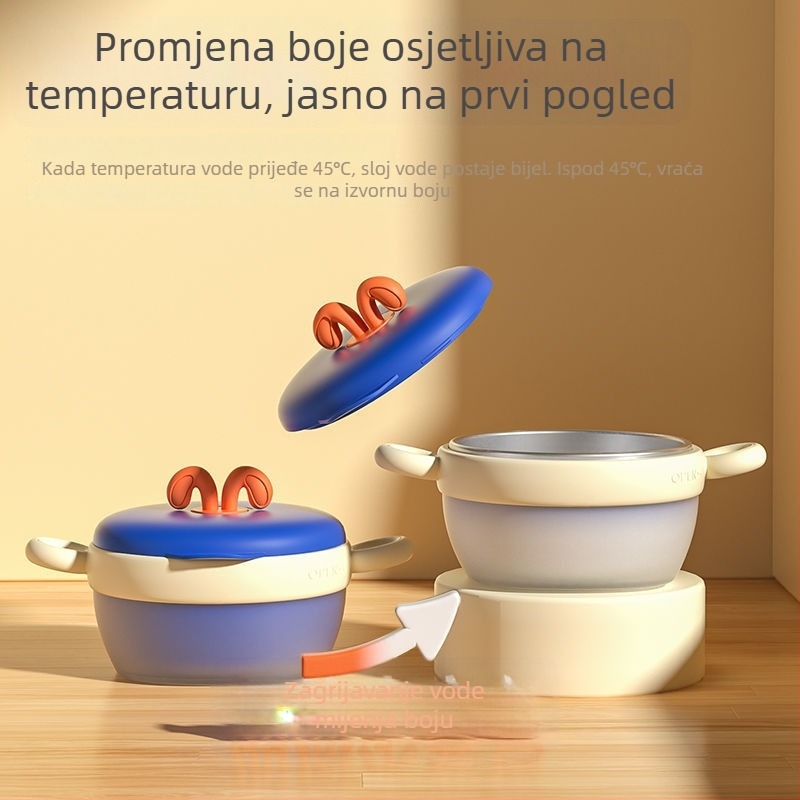 Posuda za dojenje djeteta s unutarnjim dijelom od 316 nehrđajućeg čelika, izolirana i mijenja boju po temperaturi, uklonjiva i periva, s usisnom čašom i grijaćom trakom, kutija za mlijeko s dvije pregrade, 2-dijelni set, pogodno za bebe od 6 mjeseci