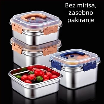 Nehrđajući čelik s poklopcem za očuvanje svježine, kvadratnog oblika, kapacitet 2,1–3 L, jednoslojni, kućna uporaba