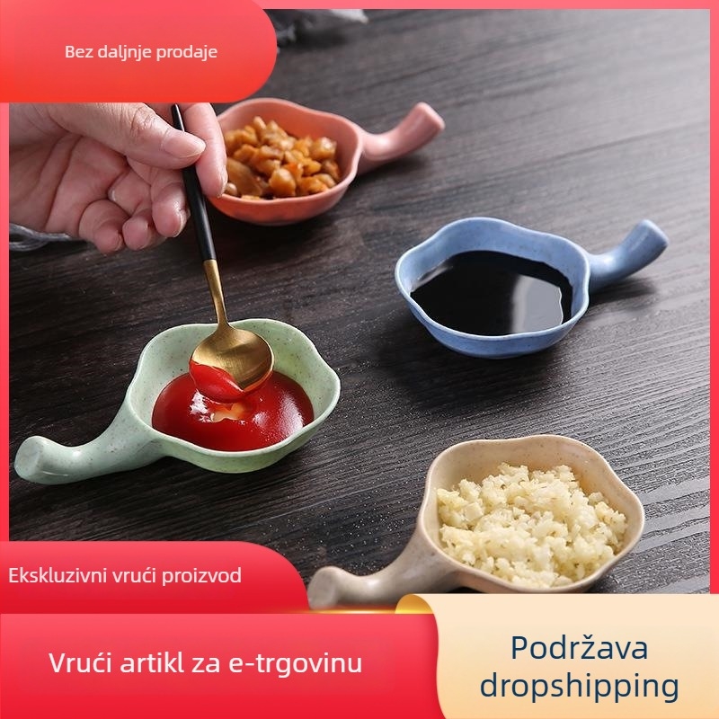 Činija u obliku lista od pšenične slame, jednofarbni uzorak, moderan minimalistički stil, s malom posudicom za umak