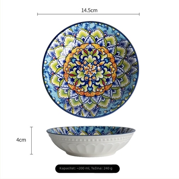 Podglazurno ručno oslikana boho keramička posuda za začine i umake, okrugla, promjer 14–14,9 cm, cvjetni motiv