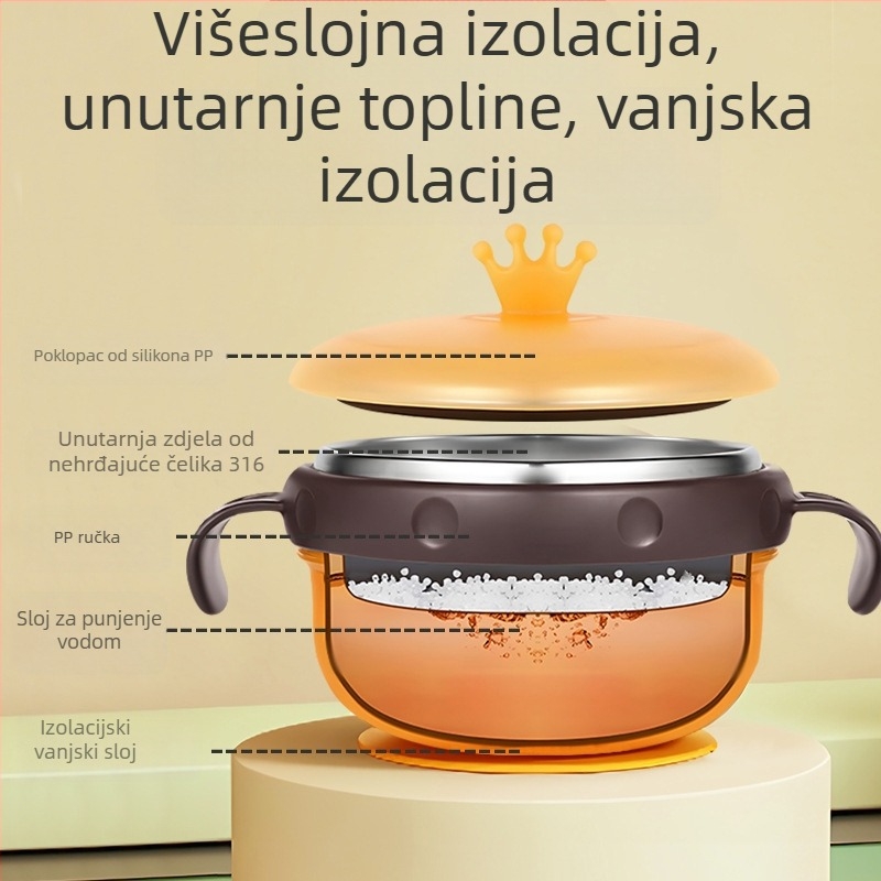 Dječja posuda za hranjenje od nehrđajućeg čelika sa usisnom čašom, izolirana, 3-dijelni set, za djecu od 6 mjeseci pa nadalje