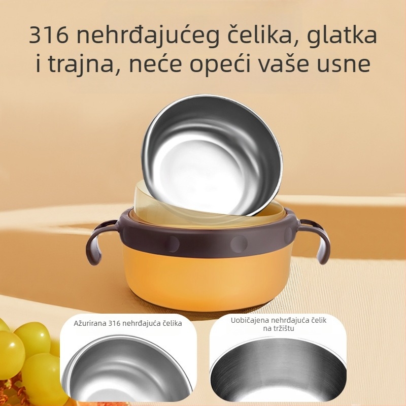 Dječja posuda za hranjenje od nehrđajućeg čelika sa usisnom čašom, izolirana, 3-dijelni set, za djecu od 6 mjeseci pa nadalje