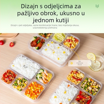 Jednokratna kutija za obrok s pet odjeljaka, PP materijal, mikrovalno sigurna, moguć tiskanje logotipa, 150 kompleta po kartonu