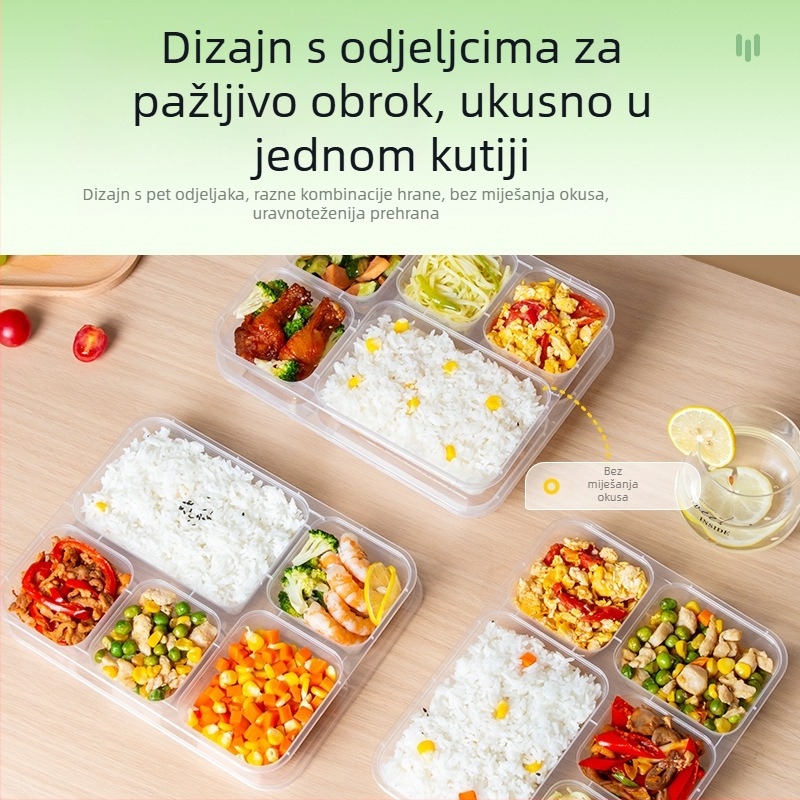 Jednokratna kutija za obrok s pet odjeljaka, PP materijal, mikrovalno sigurna, moguć tiskanje logotipa, 150 kompleta po kartonu