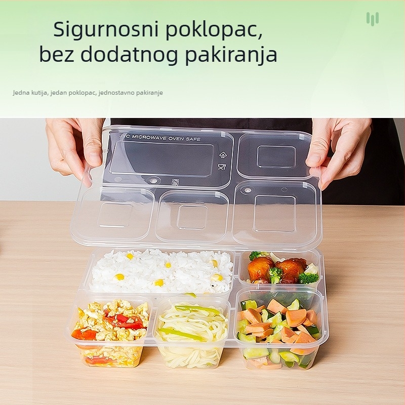 Jednokratna kutija za obrok s pet odjeljaka, PP materijal, mikrovalno sigurna, moguć tiskanje logotipa, 150 kompleta po kartonu